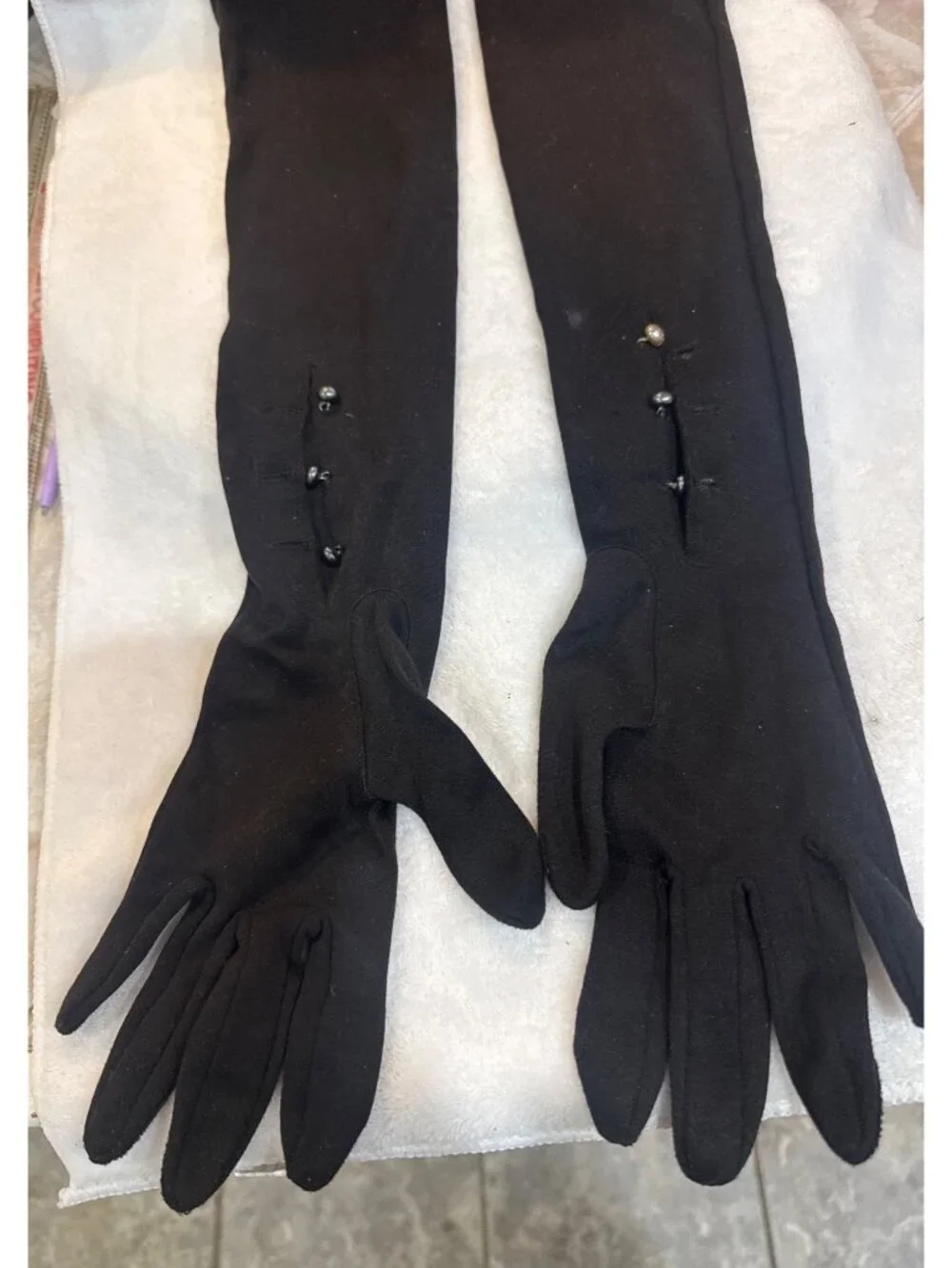 Mousquetaire pair of black opera-length evening gloves historic brand Fownes Bro